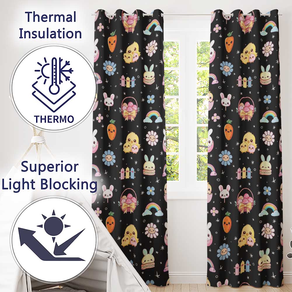 Easter Chick Bunny Macaron Carrot Rainbow Seamless Pattern Black Background  Readymade Eyelet Ring Top Thermal 100% Blackout Curtains