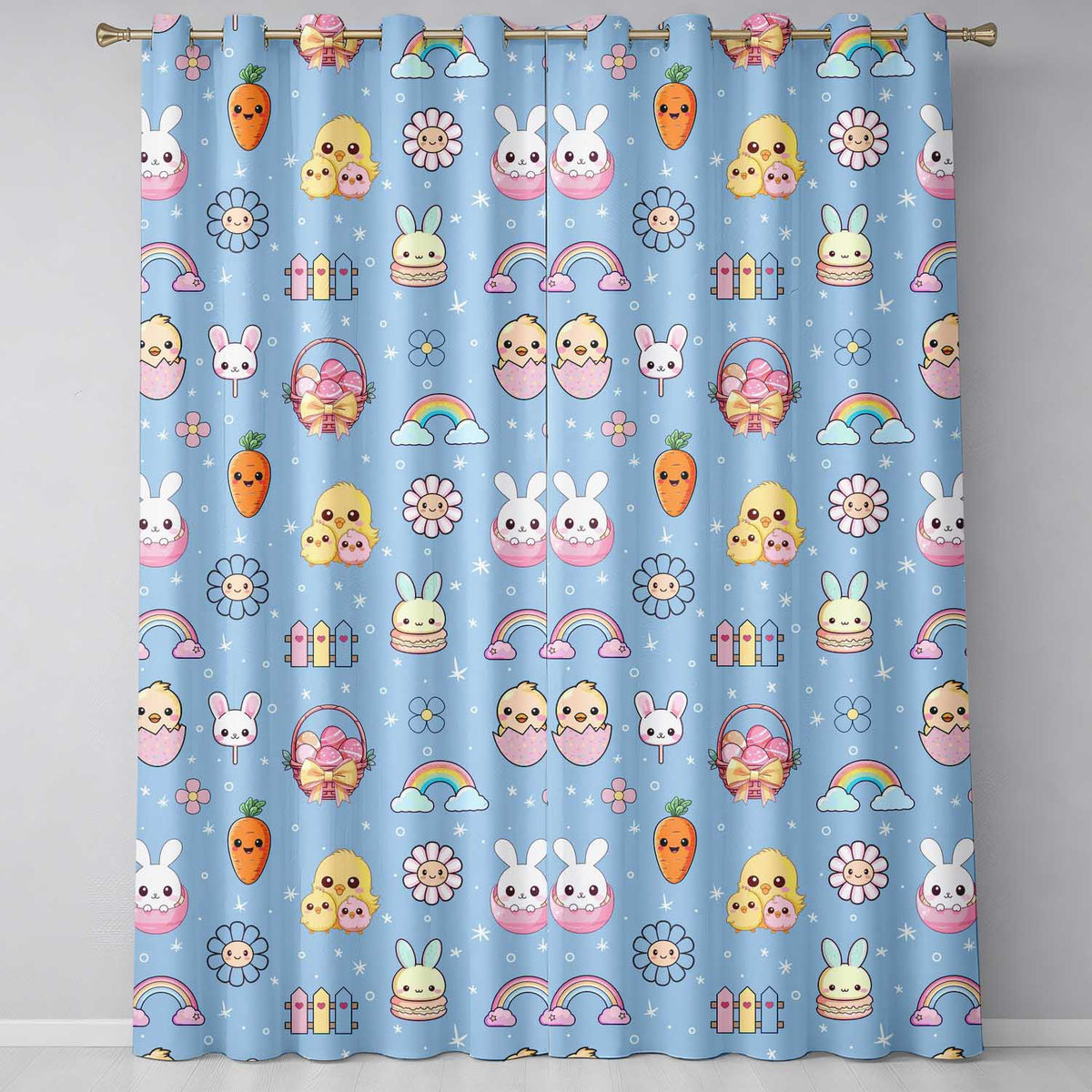 Easter Chick Bunny Macaron Carrot Rainbow Seamless Pattern Sky Blue Background  Readymade Eyelet Ring Top Thermal 100% Blackout Curtains
