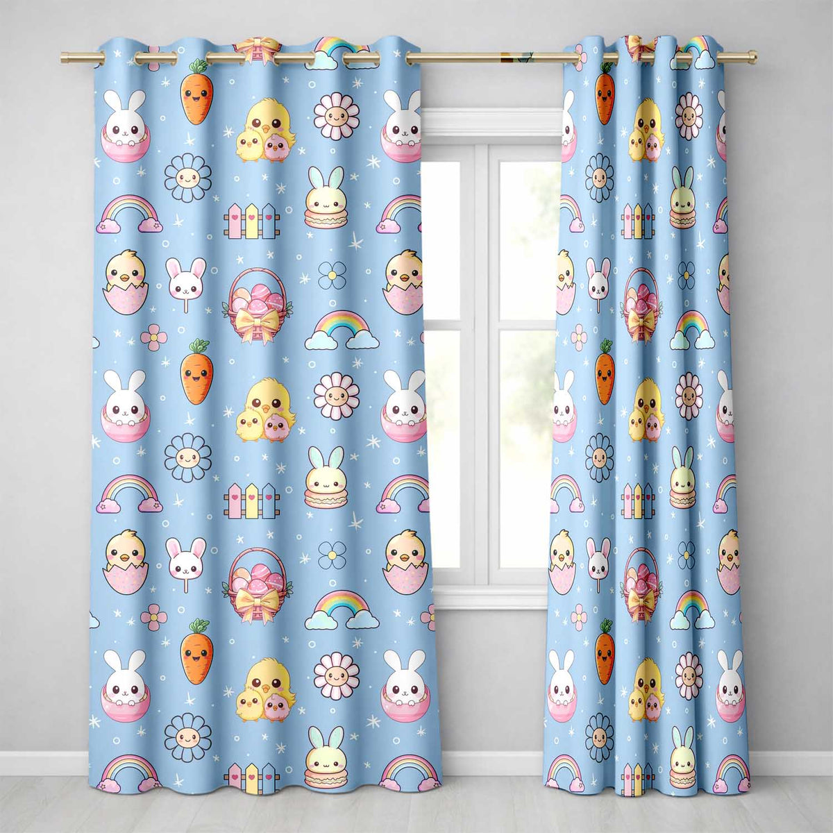 Easter Chick Bunny Macaron Carrot Rainbow Seamless Pattern Sky Blue Background  Readymade Eyelet Ring Top Thermal 100% Blackout Curtains
