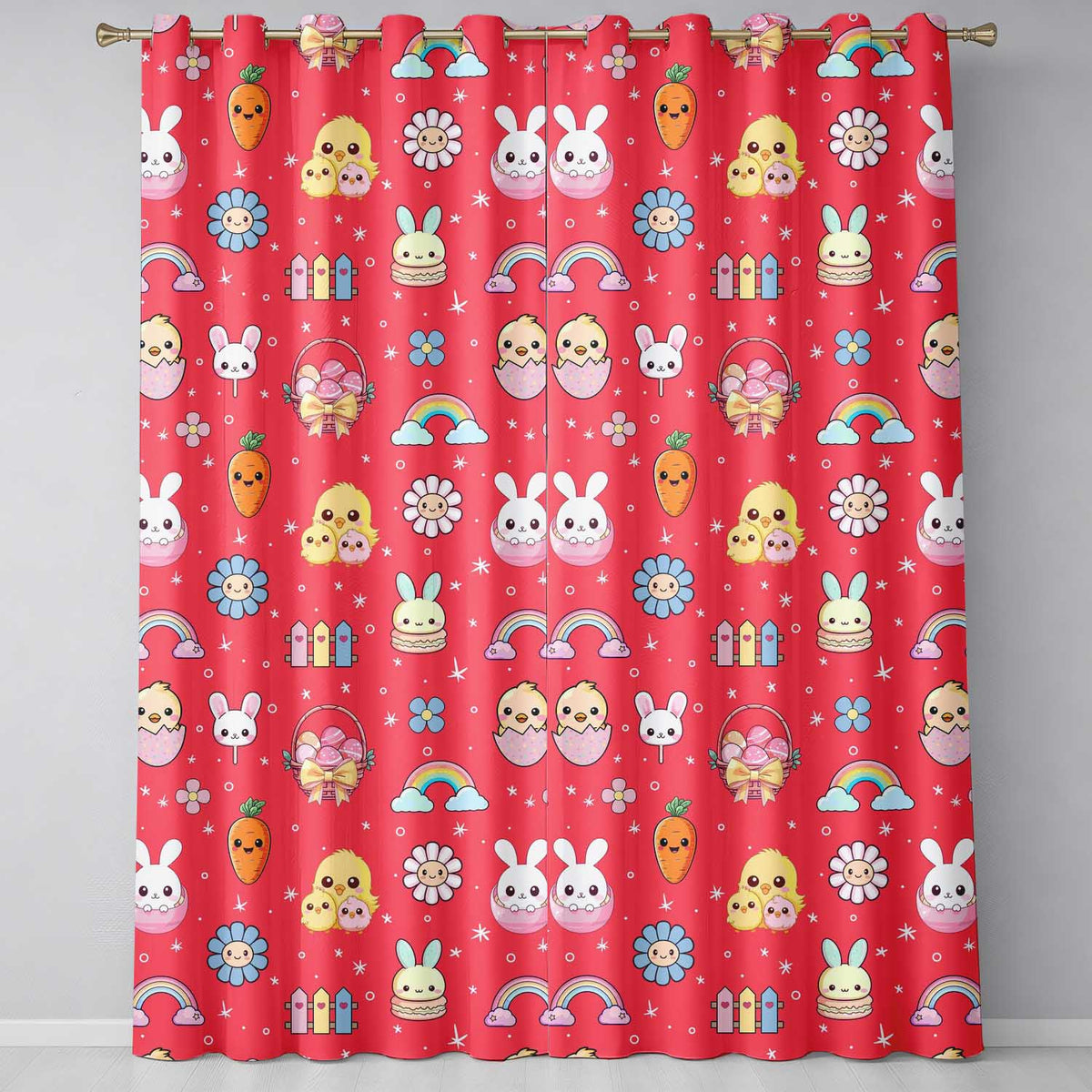Cute Easter Chick Bunny Carrot Rainbow Basket Seamless Pattern Red Background  Readymade Eyelet Ring Top Thermal 100% Blackout Curtains