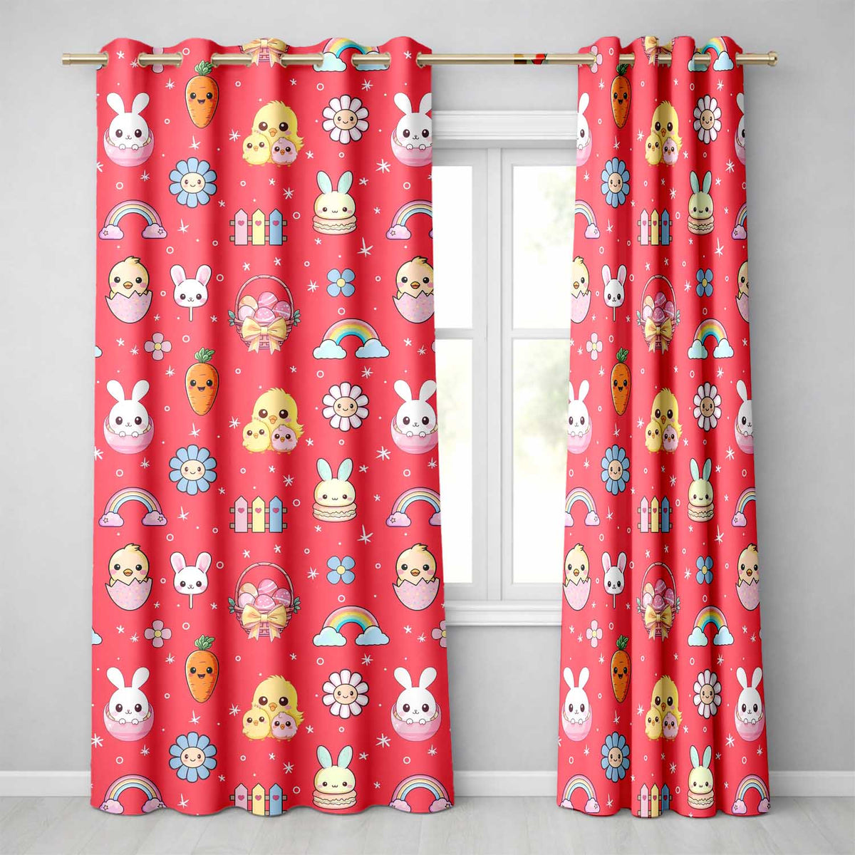 Cute Easter Chick Bunny Carrot Rainbow Basket Seamless Pattern Red Background  Readymade Eyelet Ring Top Thermal 100% Blackout Curtains