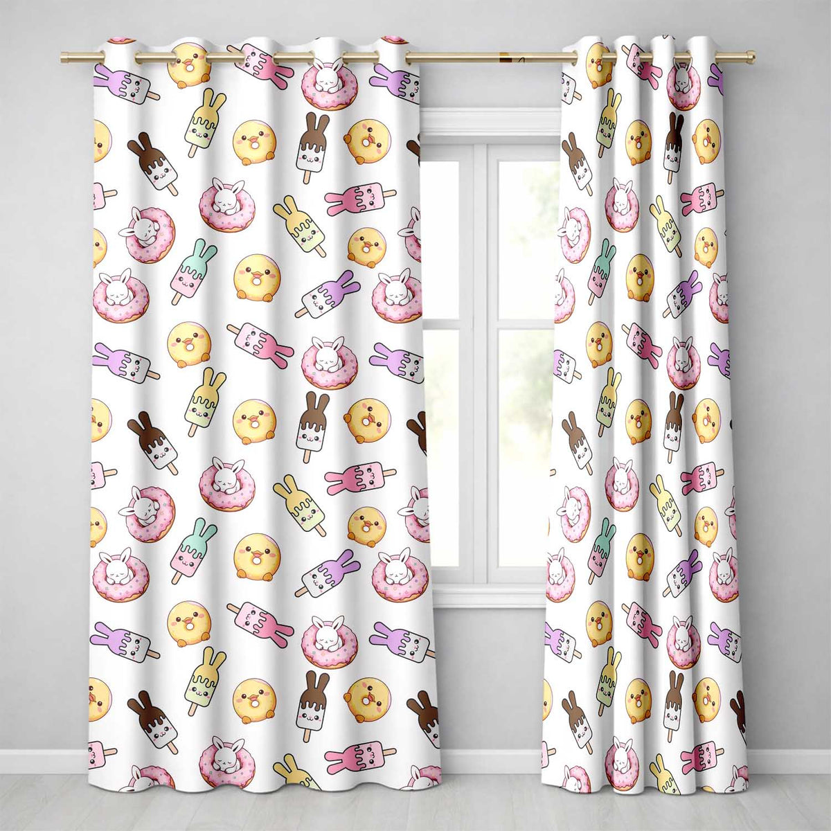 Cute Bunny Ice Cream Donut Chick Kawaii Seamless Pattern Cream Background  Readymade Eyelet Ring Top Thermal 100% Blackout Curtains
