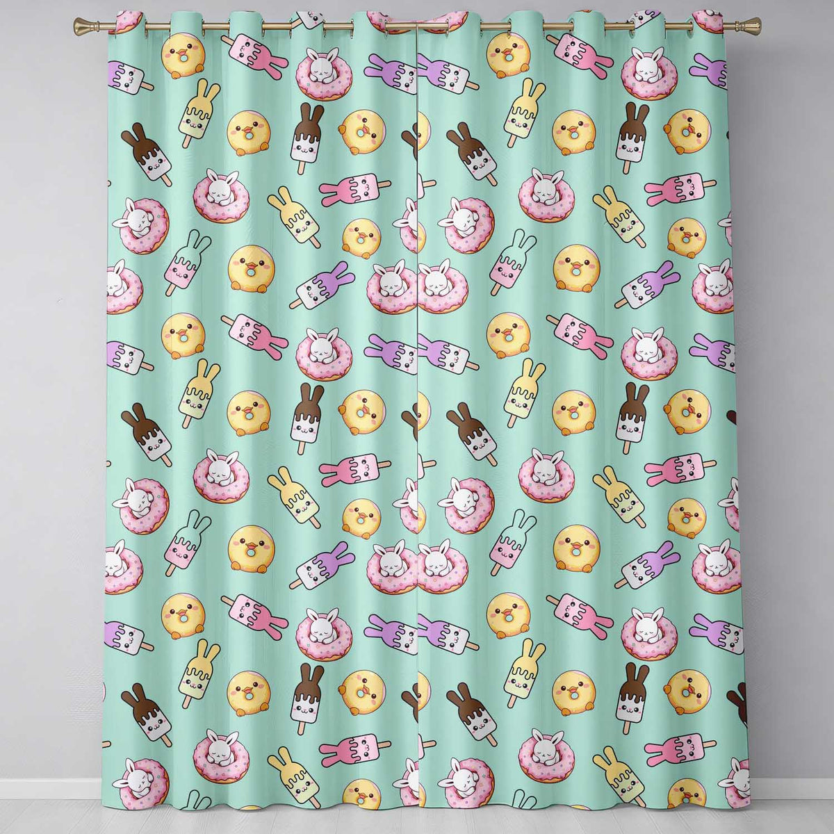 Cute Bunny Ice Cream Donut Chick Kawaii Seamless Pattern Mint Background  Readymade Eyelet Ring Top Thermal 100% Blackout Curtains