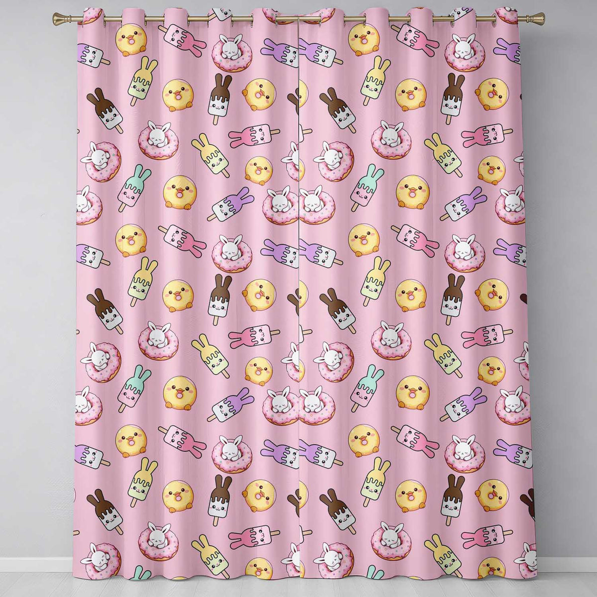 Cute Bunny Ice Cream Donut Chick Kawaii Seamless Pattern Pink Background  Readymade Eyelet Ring Top Thermal 100% Blackout Curtains