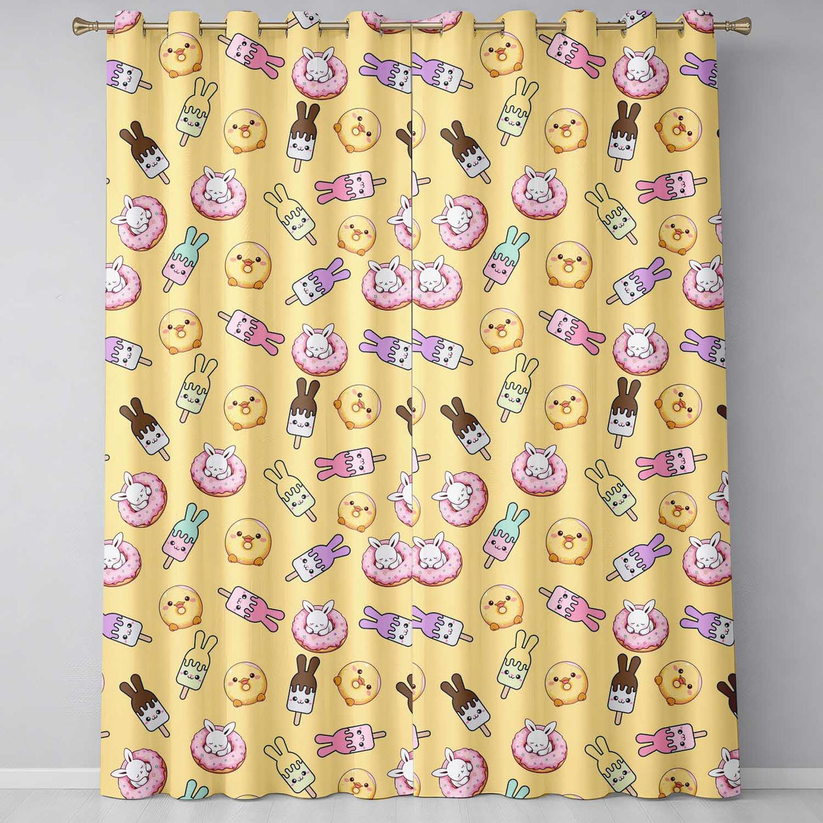 Cute Bunny Donut Ice Cream Kawaii Dessert Seamless Pattern Yellow Background  Readymade Eyelet Ring Top Thermal 100% Blackout Curtains
