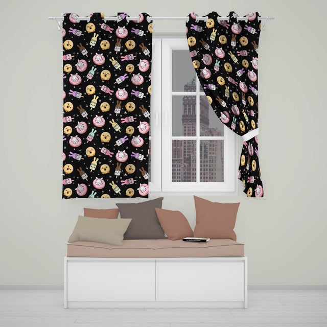 Cute Bunny Donut Ice Cream Kawaii Dessert Seamless Pattern Black Background  Readymade Eyelet Ring Top Thermal 100% Blackout Curtains