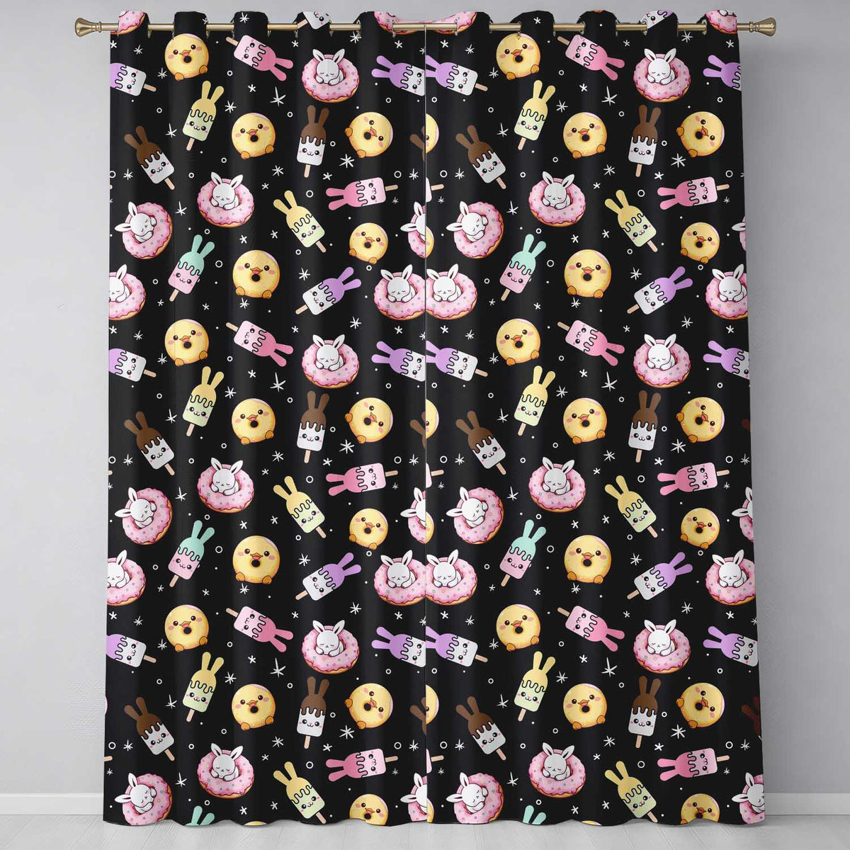 Cute Bunny Donut Ice Cream Kawaii Dessert Seamless Pattern Black Background  Readymade Eyelet Ring Top Thermal 100% Blackout Curtains