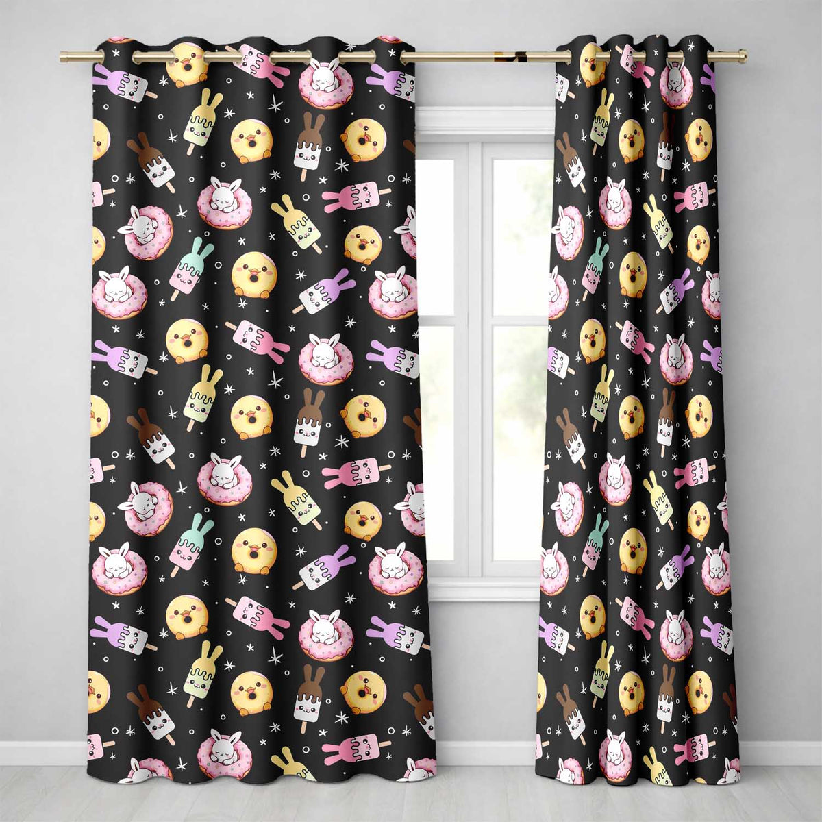 Cute Bunny Donut Ice Cream Kawaii Dessert Seamless Pattern Black Background  Readymade Eyelet Ring Top Thermal 100% Blackout Curtains
