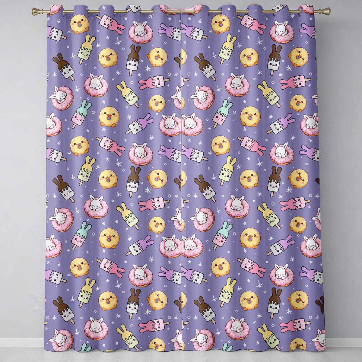 Cute Bunny Donut Ice Cream Kawaii Dessert Seamless Pattern Purple Background  Readymade Eyelet Ring Top Thermal 100% Blackout Curtains