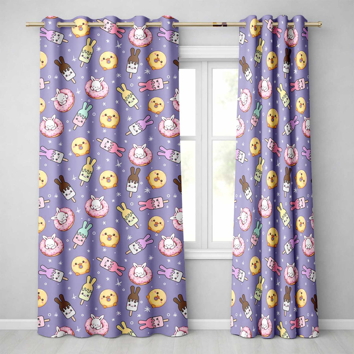Cute Bunny Donut Ice Cream Kawaii Dessert Seamless Pattern Purple Background  Readymade Eyelet Ring Top Thermal 100% Blackout Curtains