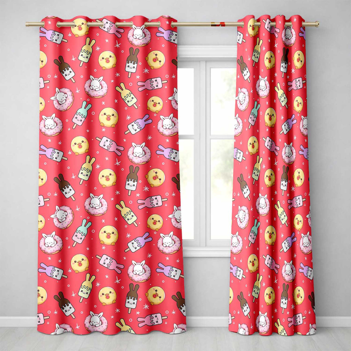 Cute Bunny Donut Ice Cream Kawaii Dessert Seamless Pattern Red Background  Readymade Eyelet Ring Top Thermal 100% Blackout Curtains