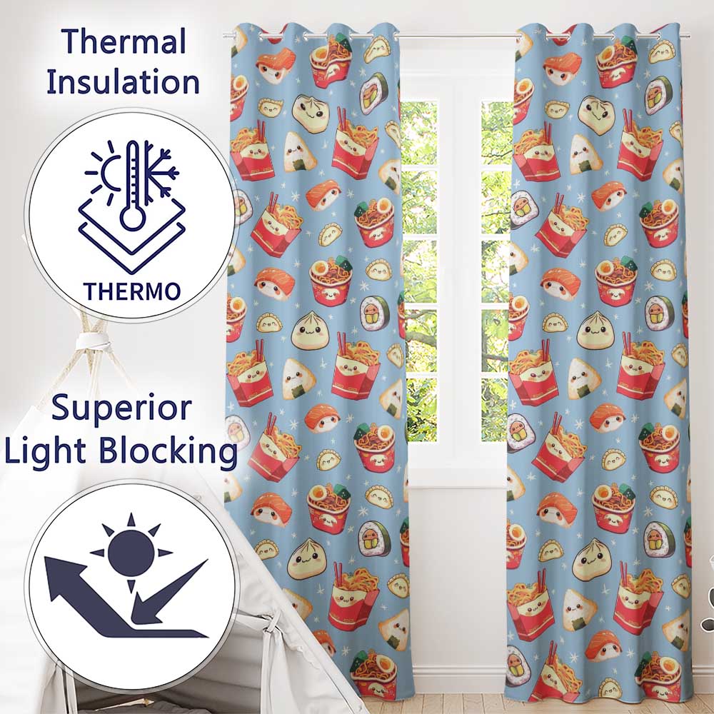 Cute Kawaii Sushi Ramen Dumpling Asian Food Seamless Pattern Blue Background  Readymade Eyelet Ring Top Thermal 100% Blackout Curtains