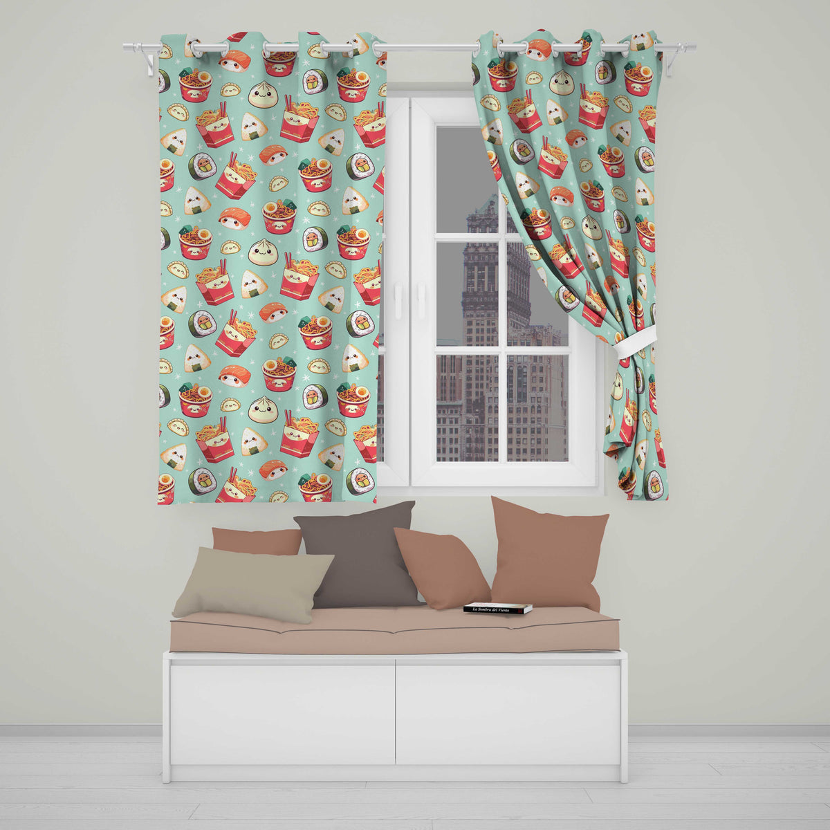 Cute Kawaii Sushi Ramen Dumpling Asian Food Seamless Pattern Teal Background  Readymade Eyelet Ring Top Thermal 100% Blackout Curtains