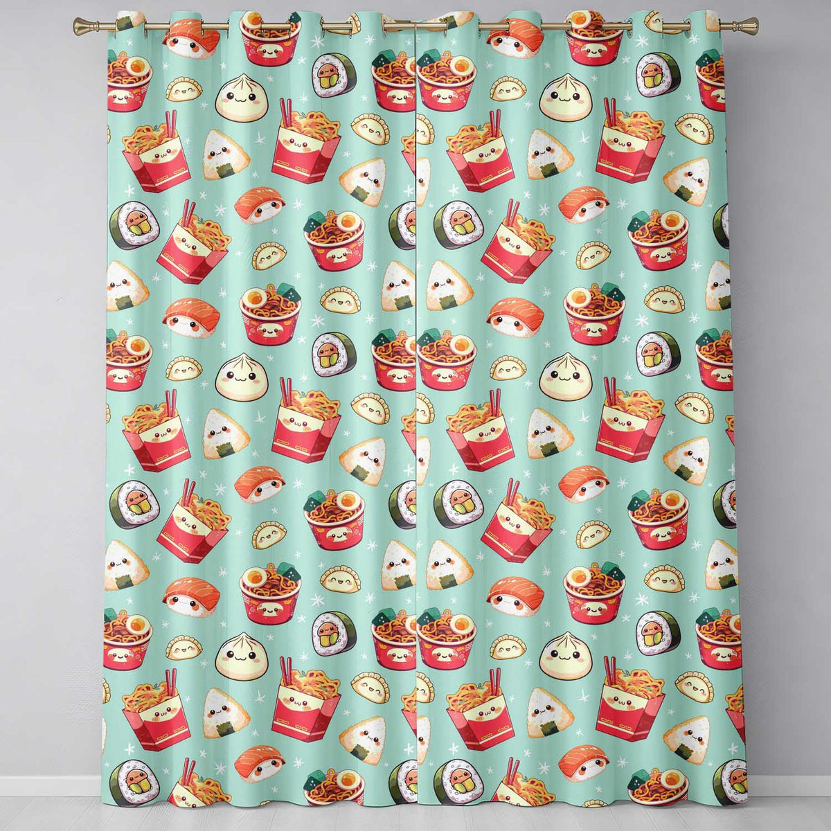 Cute Kawaii Sushi Ramen Dumpling Asian Food Seamless Pattern Teal Background  Readymade Eyelet Ring Top Thermal 100% Blackout Curtains