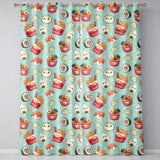 Cute Kawaii Sushi Ramen Dumpling Asian Food Seamless Pattern Teal Background  Readymade Eyelet Ring Top Thermal 100% Blackout Curtains