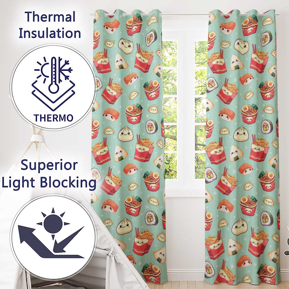 Cute Kawaii Sushi Ramen Dumpling Asian Food Seamless Pattern Teal Background  Readymade Eyelet Ring Top Thermal 100% Blackout Curtains