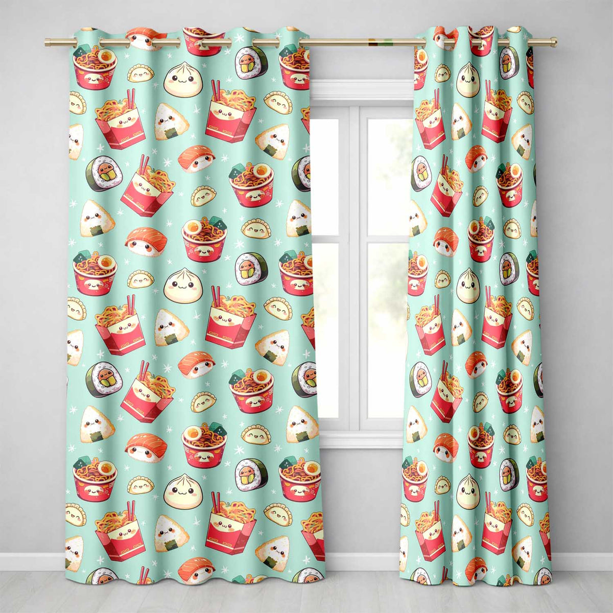 Cute Kawaii Sushi Ramen Dumpling Asian Food Seamless Pattern Teal Background  Readymade Eyelet Ring Top Thermal 100% Blackout Curtains