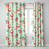 Cute Kawaii Sushi Ramen Dumpling Asian Food Seamless Pattern Teal Background  Readymade Eyelet Ring Top Thermal 100% Blackout Curtains