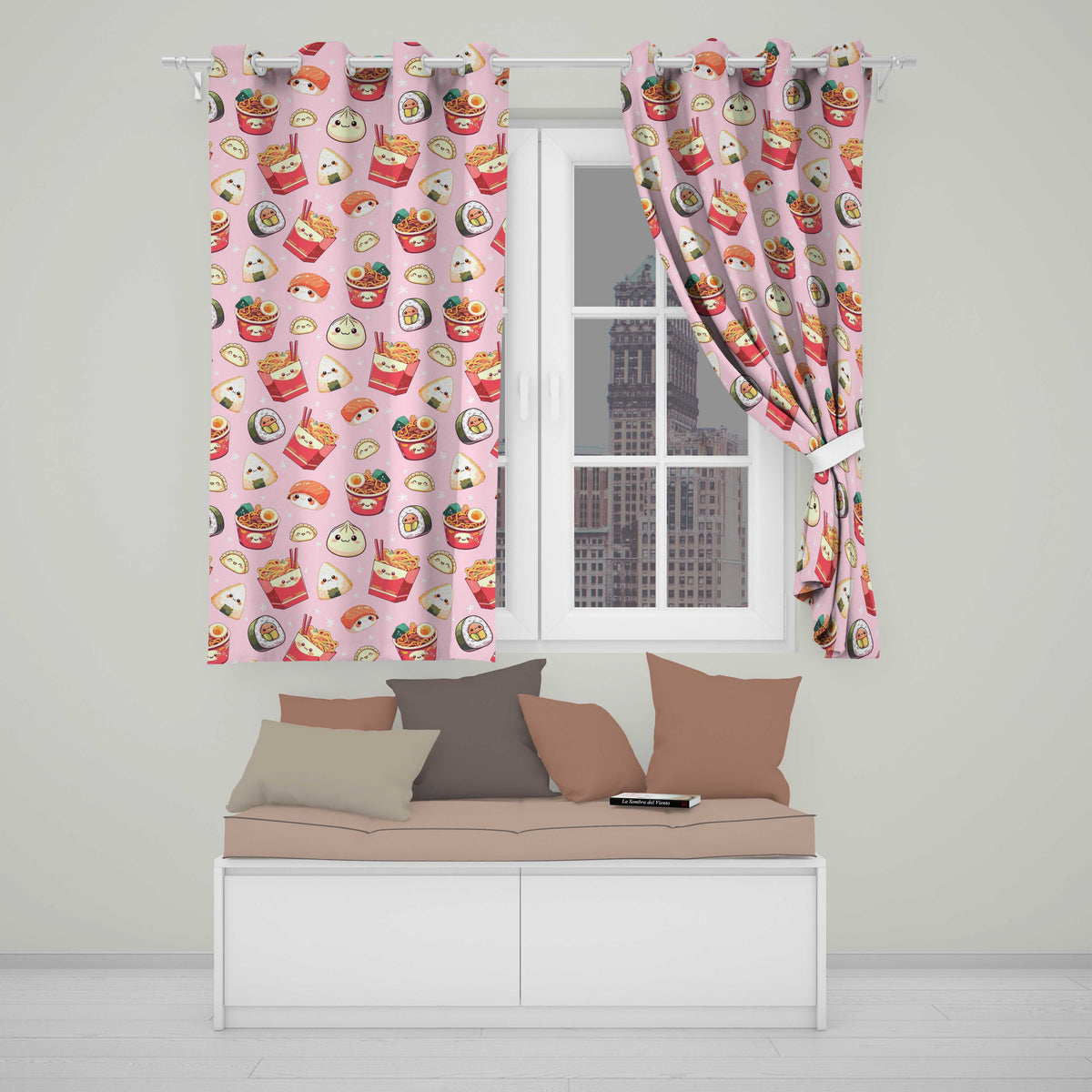 Kawaii Sushi Ramen Dumpling Asian Food Seamless Pattern Soft Pink Background  Readymade Eyelet Ring Top Thermal 100% Blackout Curtains
