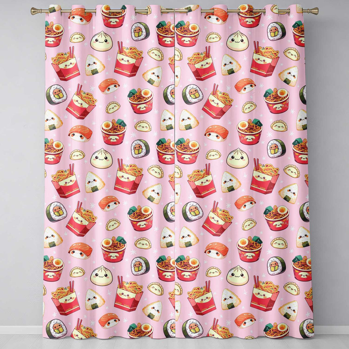 Kawaii Sushi Ramen Dumpling Asian Food Seamless Pattern Soft Pink Background  Readymade Eyelet Ring Top Thermal 100% Blackout Curtains