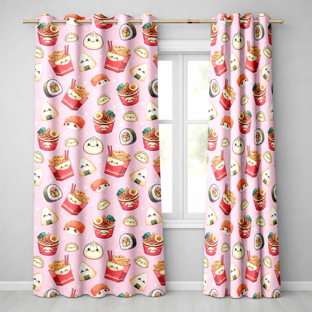 Kawaii Sushi Ramen Dumpling Asian Food Seamless Pattern Soft Pink Background  Readymade Eyelet Ring Top Thermal 100% Blackout Curtains