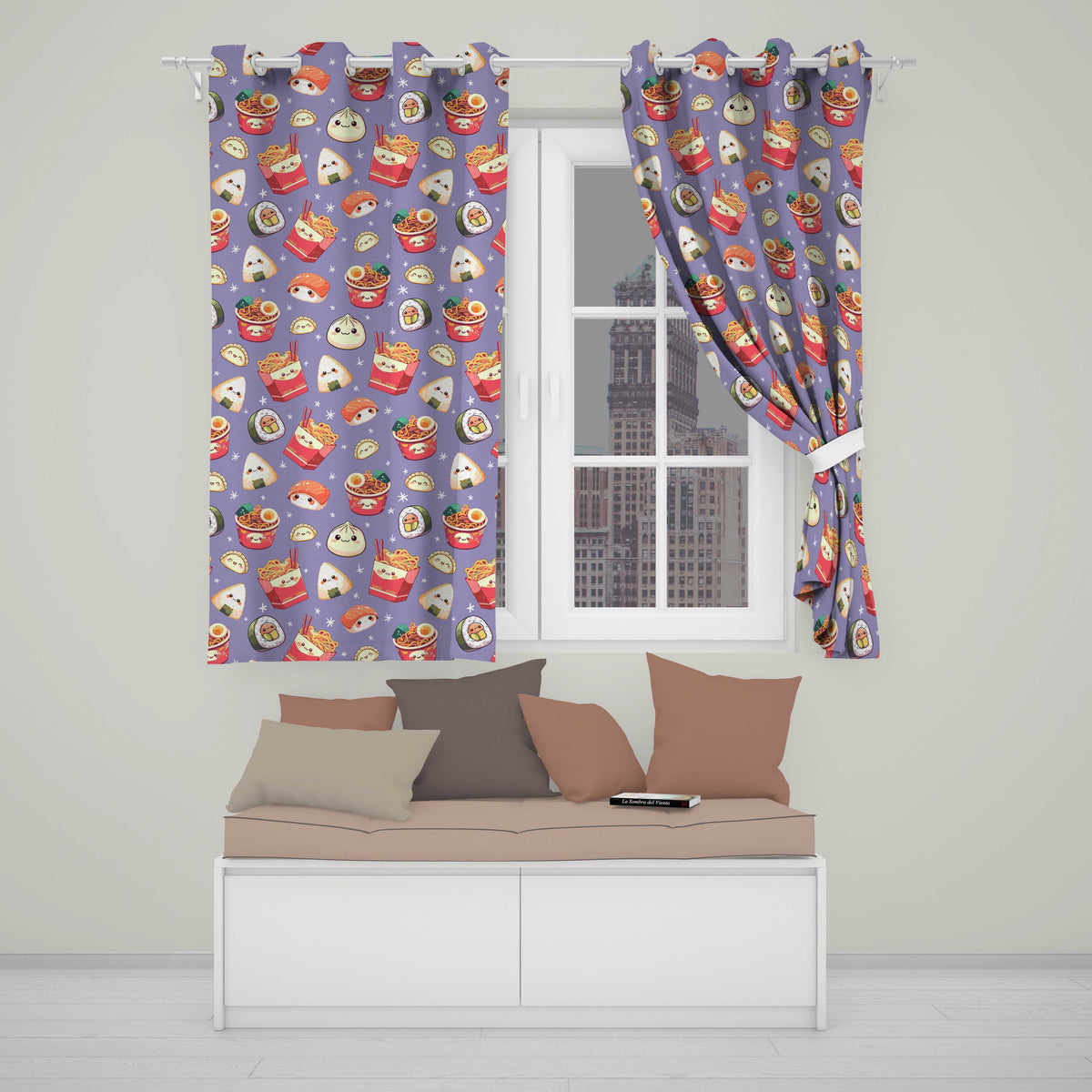 Kawaii Sushi Ramen Dumpling Asian Food Seamless Pattern Lavender Background  Readymade Eyelet Ring Top Thermal 100% Blackout Curtains