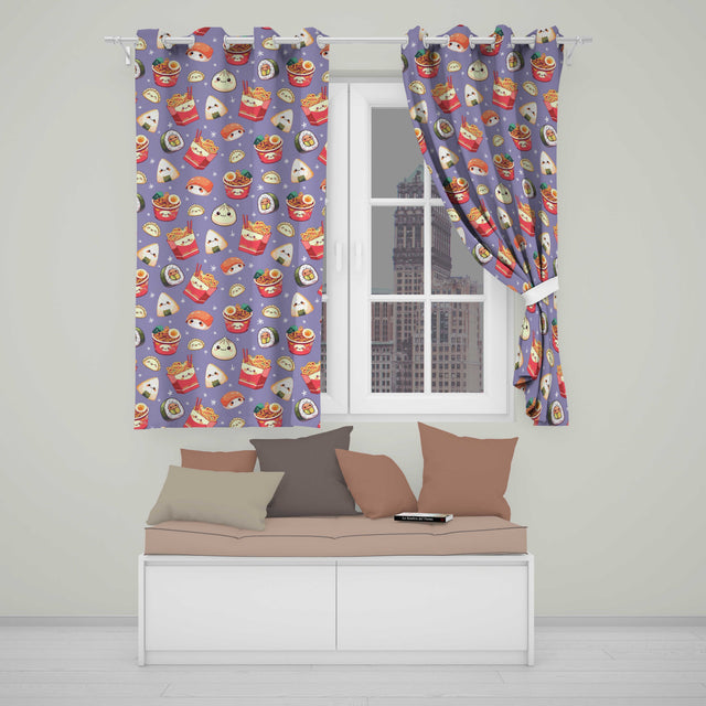 Kawaii Sushi Ramen Dumpling Asian Food Seamless Pattern Lavender Background  Readymade Eyelet Ring Top Thermal 100% Blackout Curtains