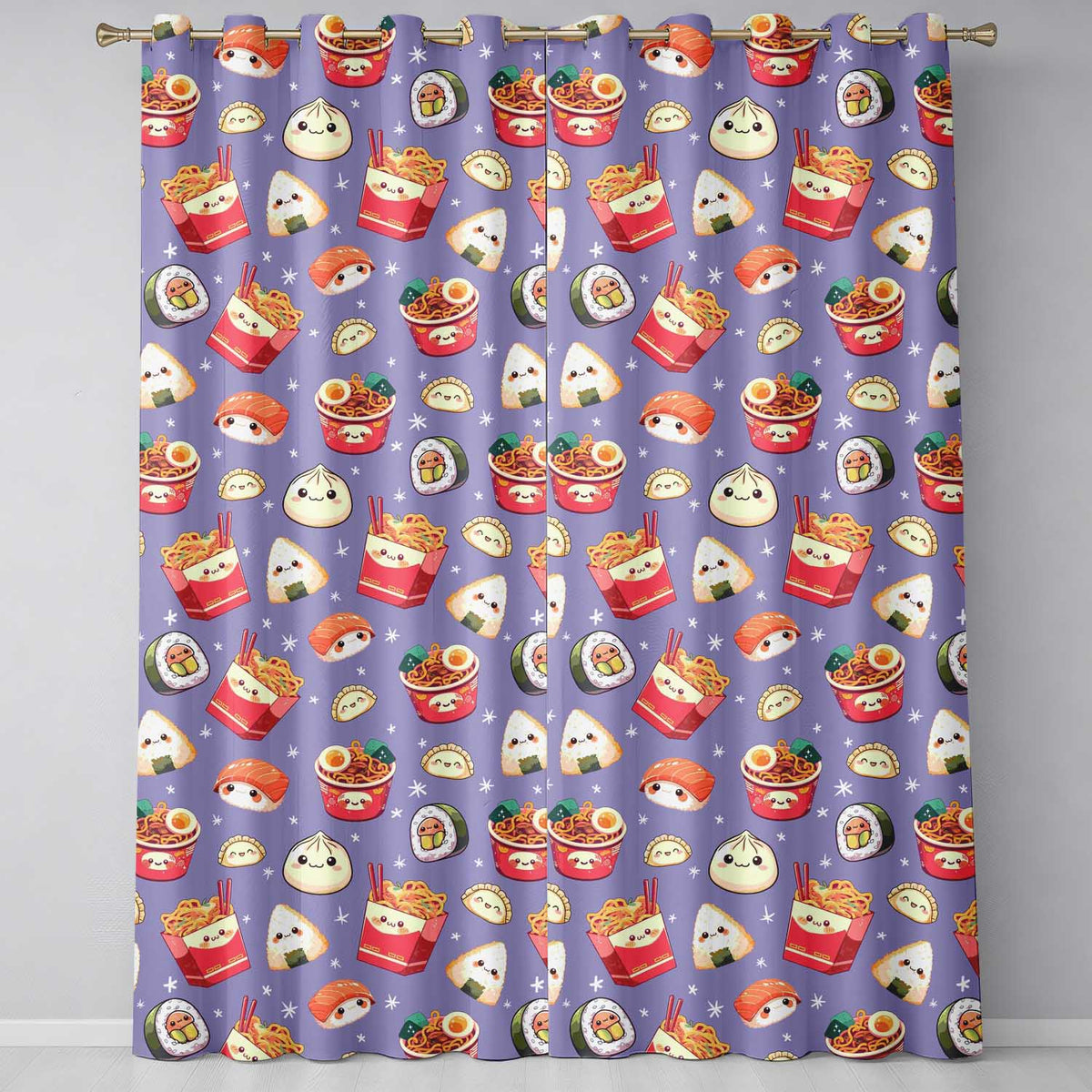 Kawaii Sushi Ramen Dumpling Asian Food Seamless Pattern Lavender Background  Readymade Eyelet Ring Top Thermal 100% Blackout Curtains