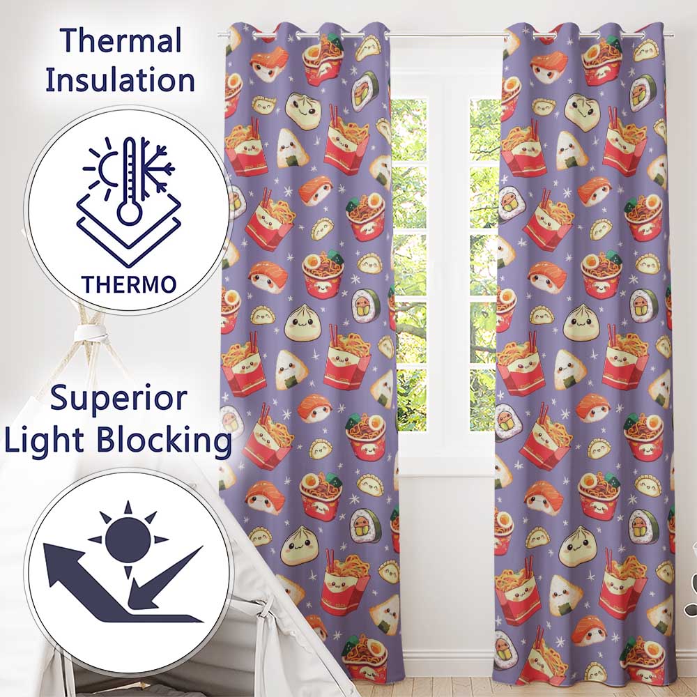 Kawaii Sushi Ramen Dumpling Asian Food Seamless Pattern Lavender Background  Readymade Eyelet Ring Top Thermal 100% Blackout Curtains