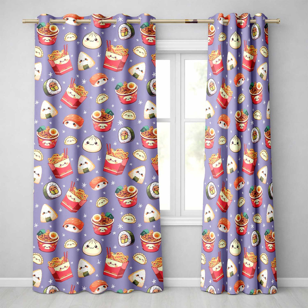 Kawaii Sushi Ramen Dumpling Asian Food Seamless Pattern Lavender Background  Readymade Eyelet Ring Top Thermal 100% Blackout Curtains