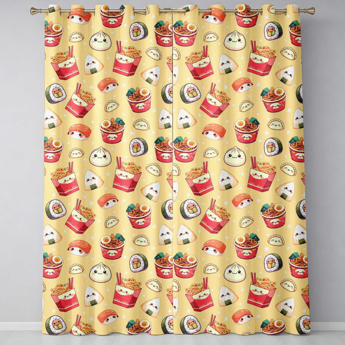 Cute Kawaii Sushi Ramen Dumpling Asian Food Seamless Pattern Yellow Background  Readymade Eyelet Ring Top Thermal 100% Blackout Curtains