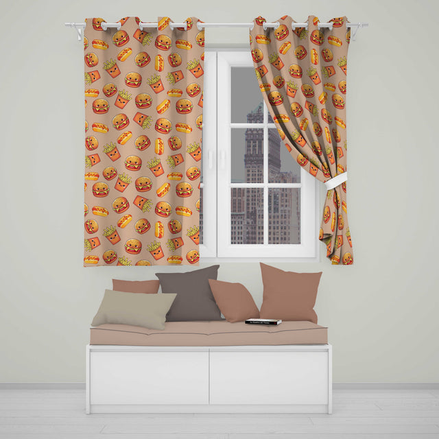 Cute Kawaii Burger Fries Hotdog Fast Food Seamless Pattern Beige Background  Readymade Eyelet Ring Top Thermal 100% Blackout Curtains