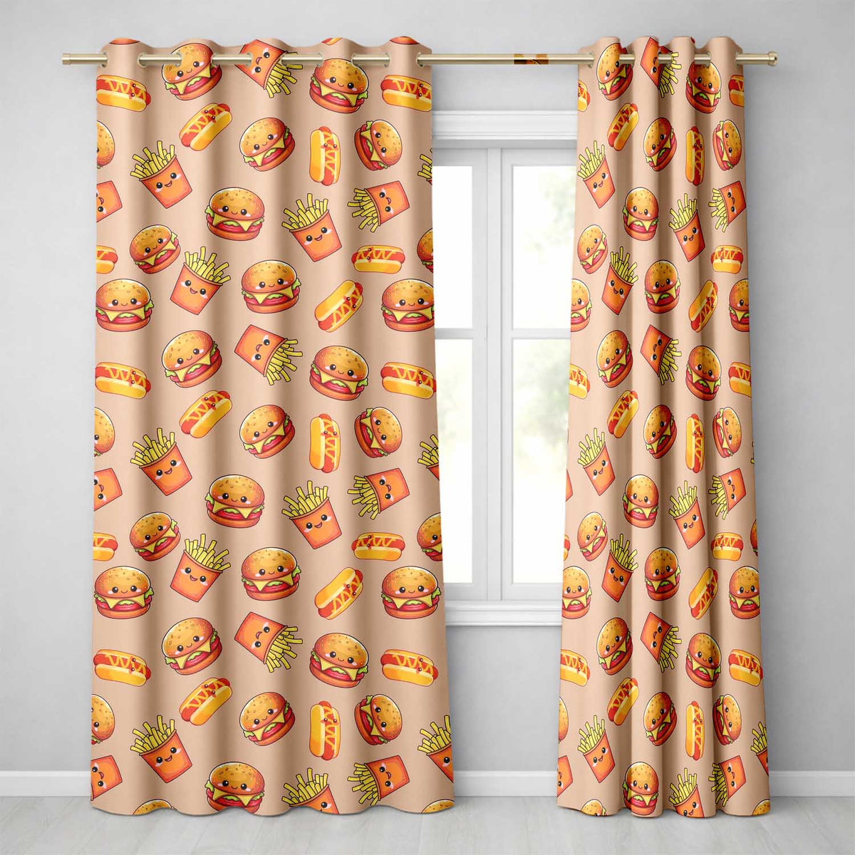 Cute Kawaii Burger Fries Hotdog Fast Food Seamless Pattern Beige Background  Readymade Eyelet Ring Top Thermal 100% Blackout Curtains