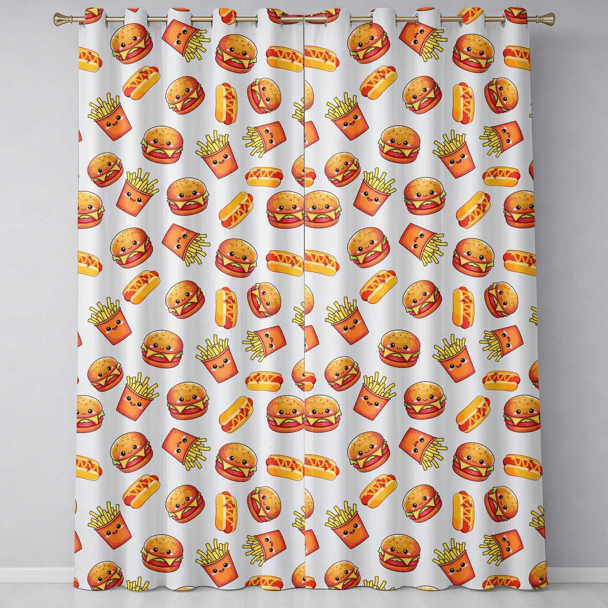 Kawaii Burger Fries Hotdog Fast Food Seamless Pattern Light Cream Background  Readymade Eyelet Ring Top Thermal 100% Blackout Curtains