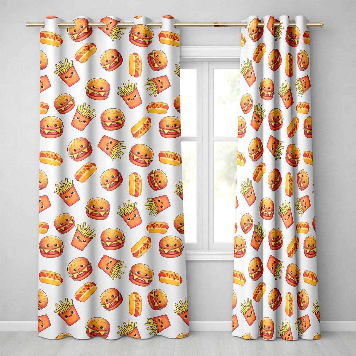Kawaii Burger Fries Hotdog Fast Food Seamless Pattern Light Cream Background  Readymade Eyelet Ring Top Thermal 100% Blackout Curtains