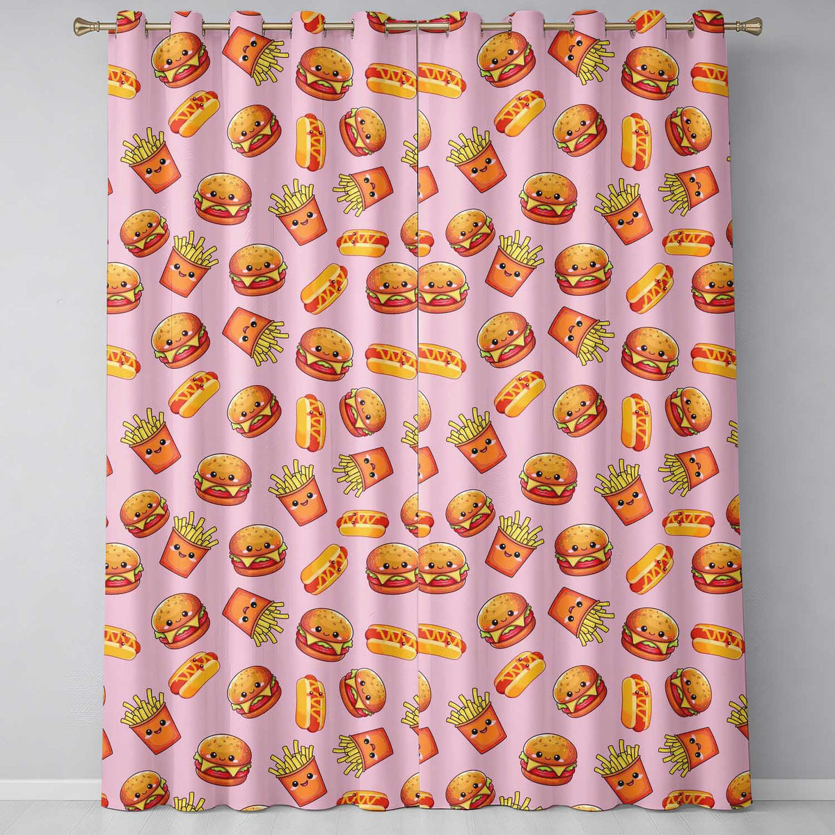 Kawaii Burger Fries Hotdog Fast Food Seamless Pattern Pastel Pink Background  Readymade Eyelet Ring Top Thermal 100% Blackout Curtains