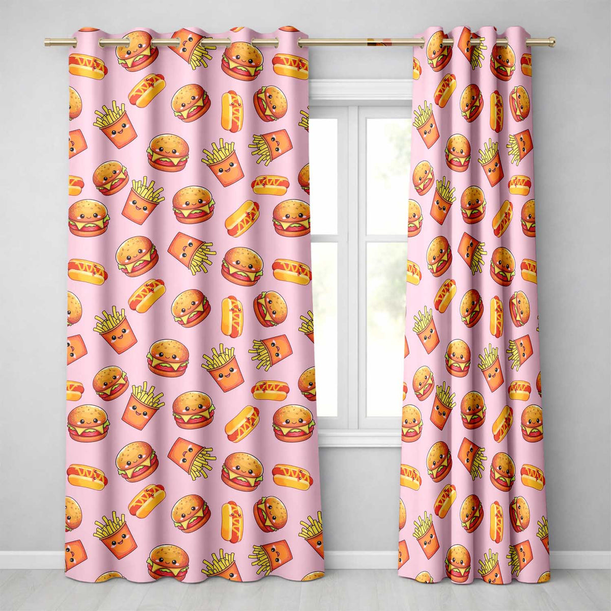 Kawaii Burger Fries Hotdog Fast Food Seamless Pattern Pastel Pink Background  Readymade Eyelet Ring Top Thermal 100% Blackout Curtains