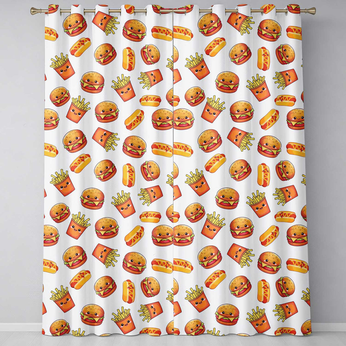 Cute Kawaii Burger Fries Hotdog Fast Food Seamless Pattern Grey Background  Readymade Eyelet Ring Top Thermal 100% Blackout Curtains