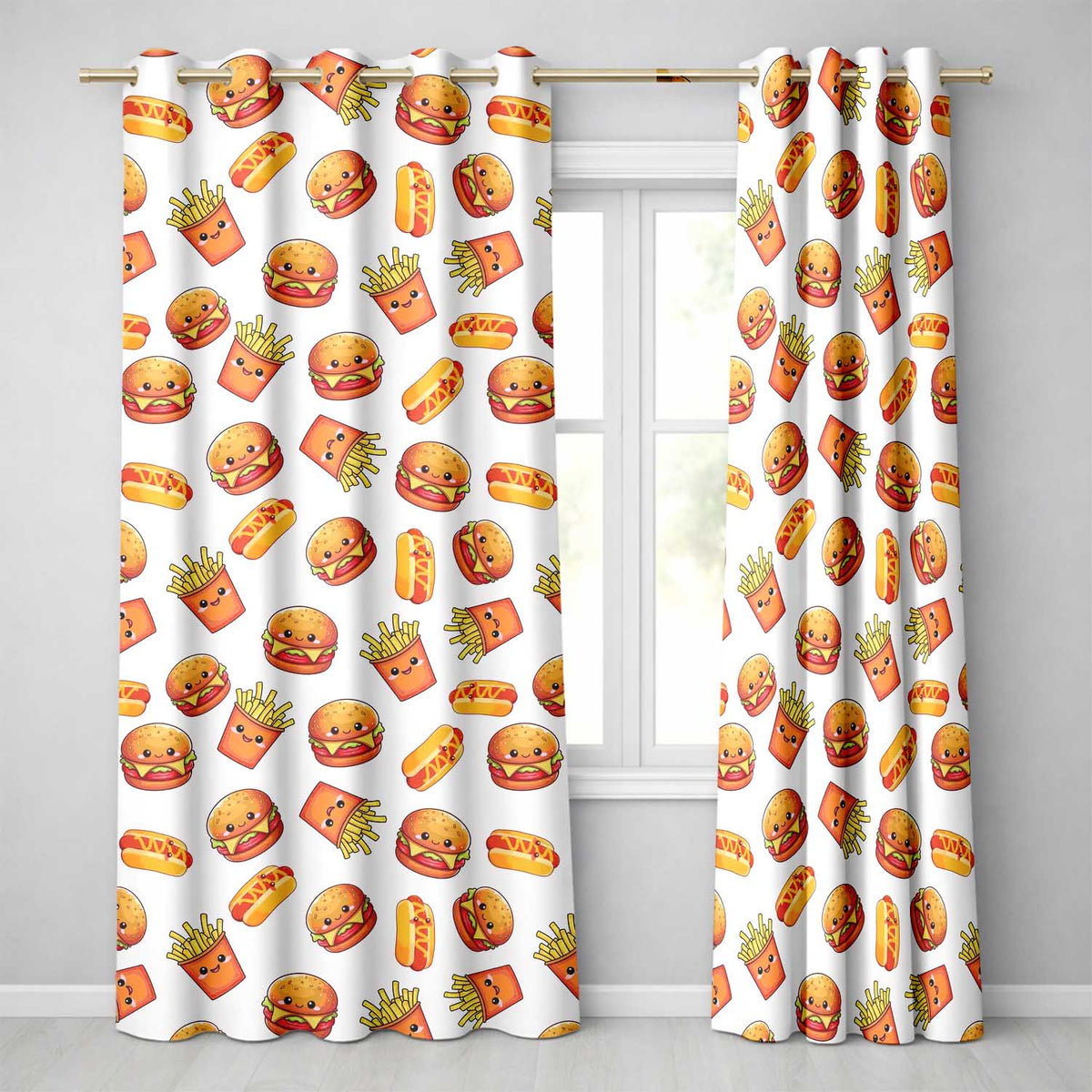 Cute Kawaii Burger Fries Hotdog Fast Food Seamless Pattern Grey Background  Readymade Eyelet Ring Top Thermal 100% Blackout Curtains