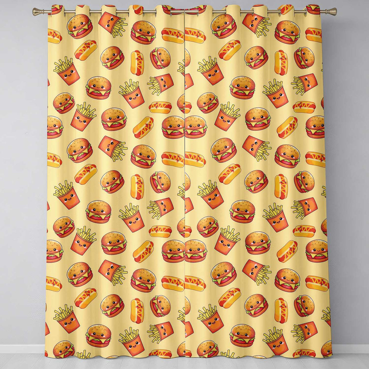 Cute Kawaii Burger Fries Hotdog Fast Food Seamless Pattern Beige Background  Readymade Eyelet Ring Top Thermal 100% Blackout Curtains