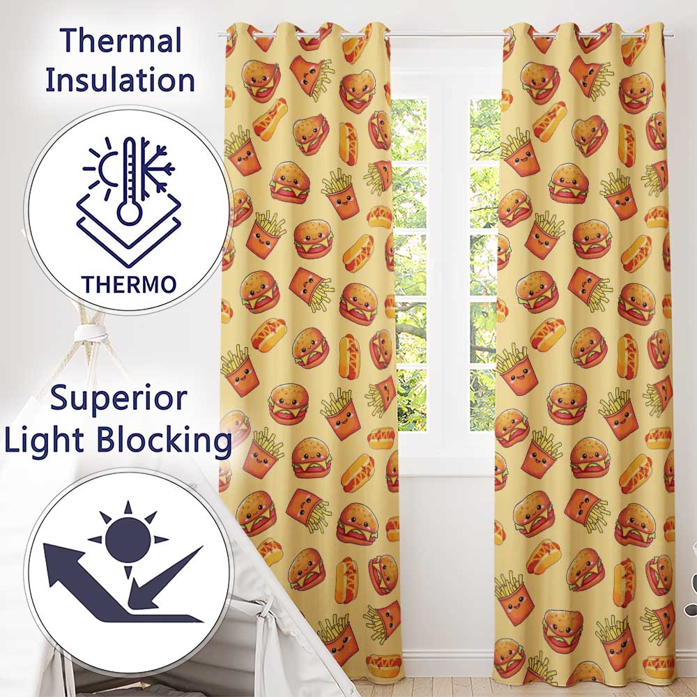 Cute Kawaii Burger Fries Hotdog Fast Food Seamless Pattern Beige Background  Readymade Eyelet Ring Top Thermal 100% Blackout Curtains