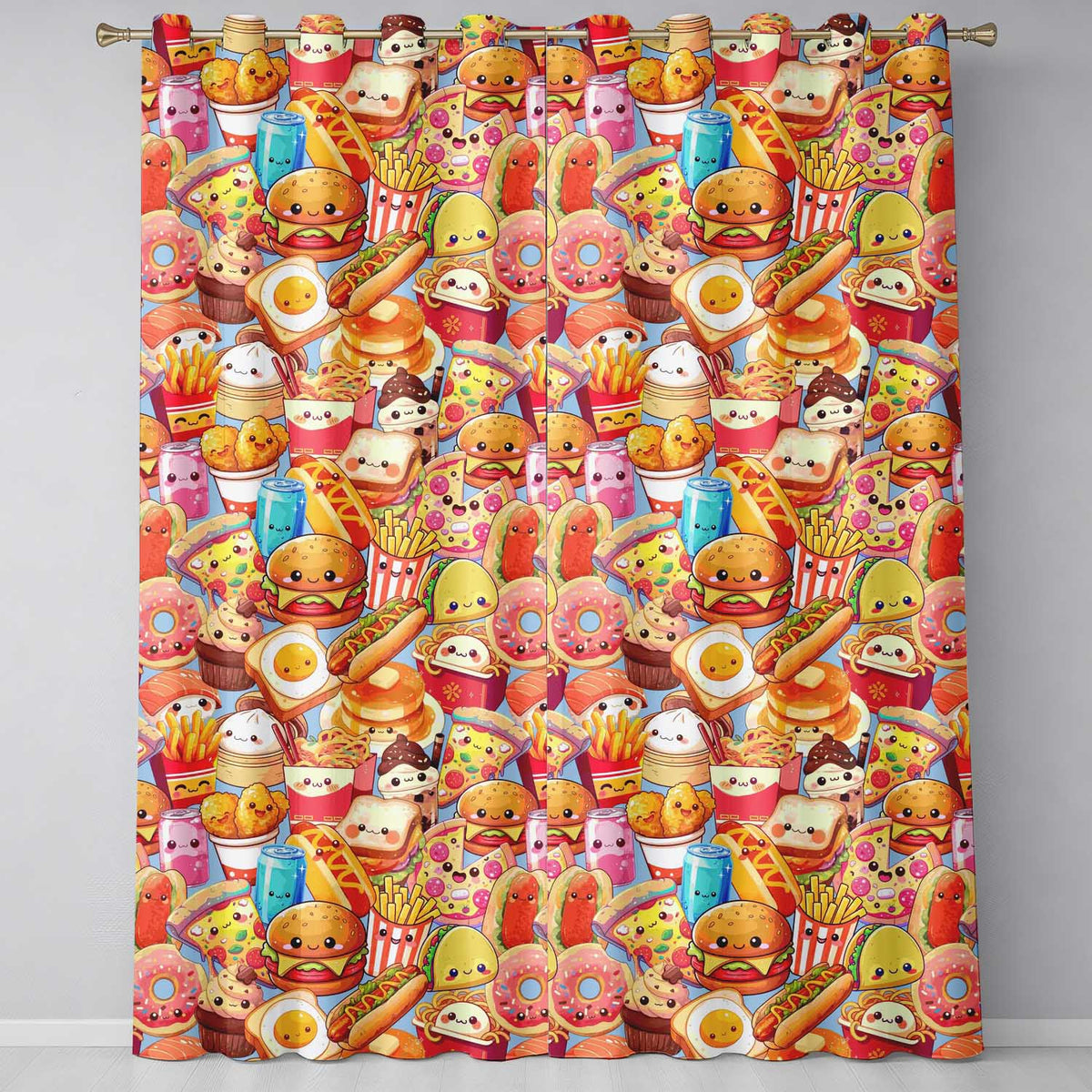 Cute Kawaii Fast Food Junk Food Snacks Collage Seamless Pattern Blue Background  Readymade Eyelet Ring Top Thermal 100% Blackout Curtains