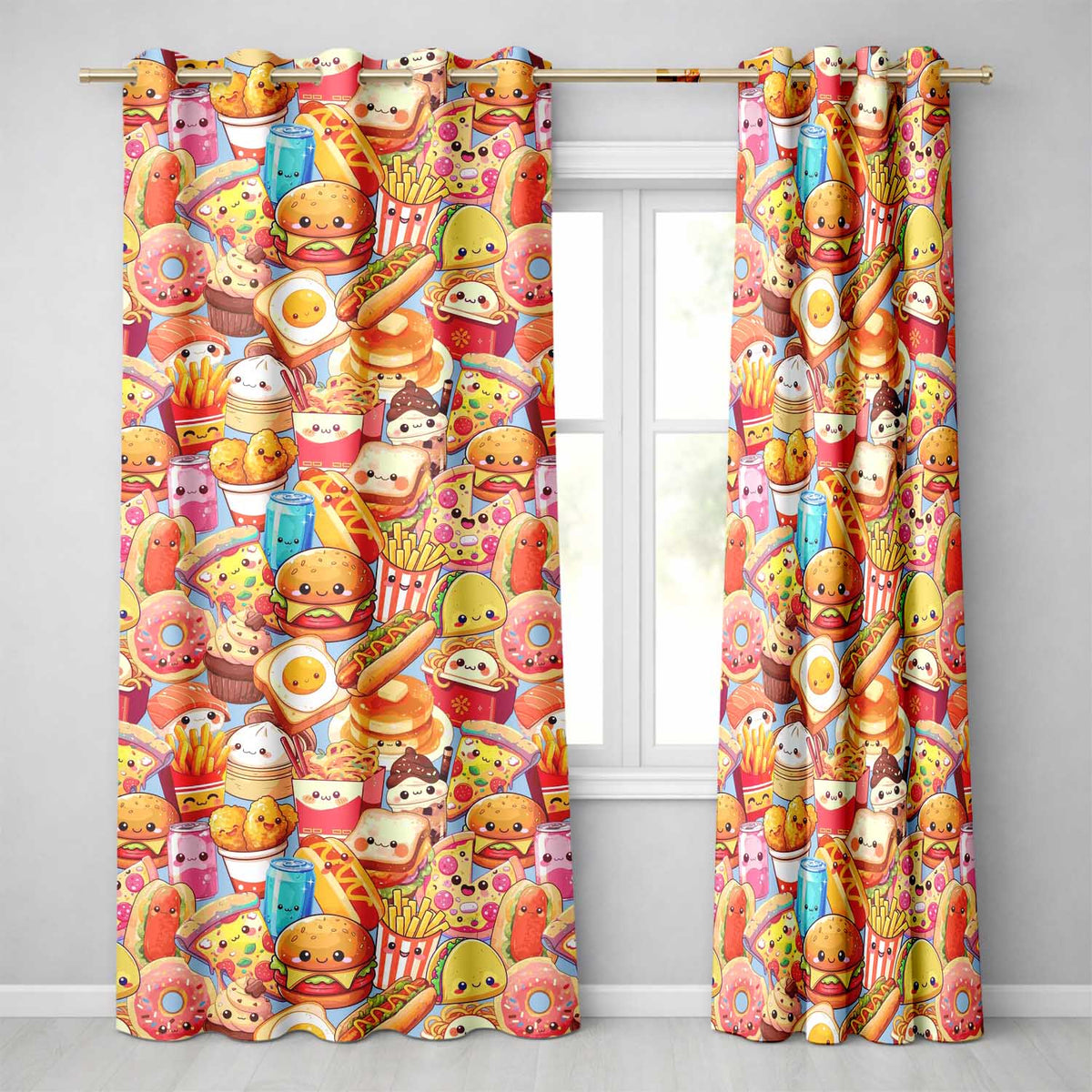 Cute Kawaii Fast Food Junk Food Snacks Collage Seamless Pattern Blue Background  Readymade Eyelet Ring Top Thermal 100% Blackout Curtains