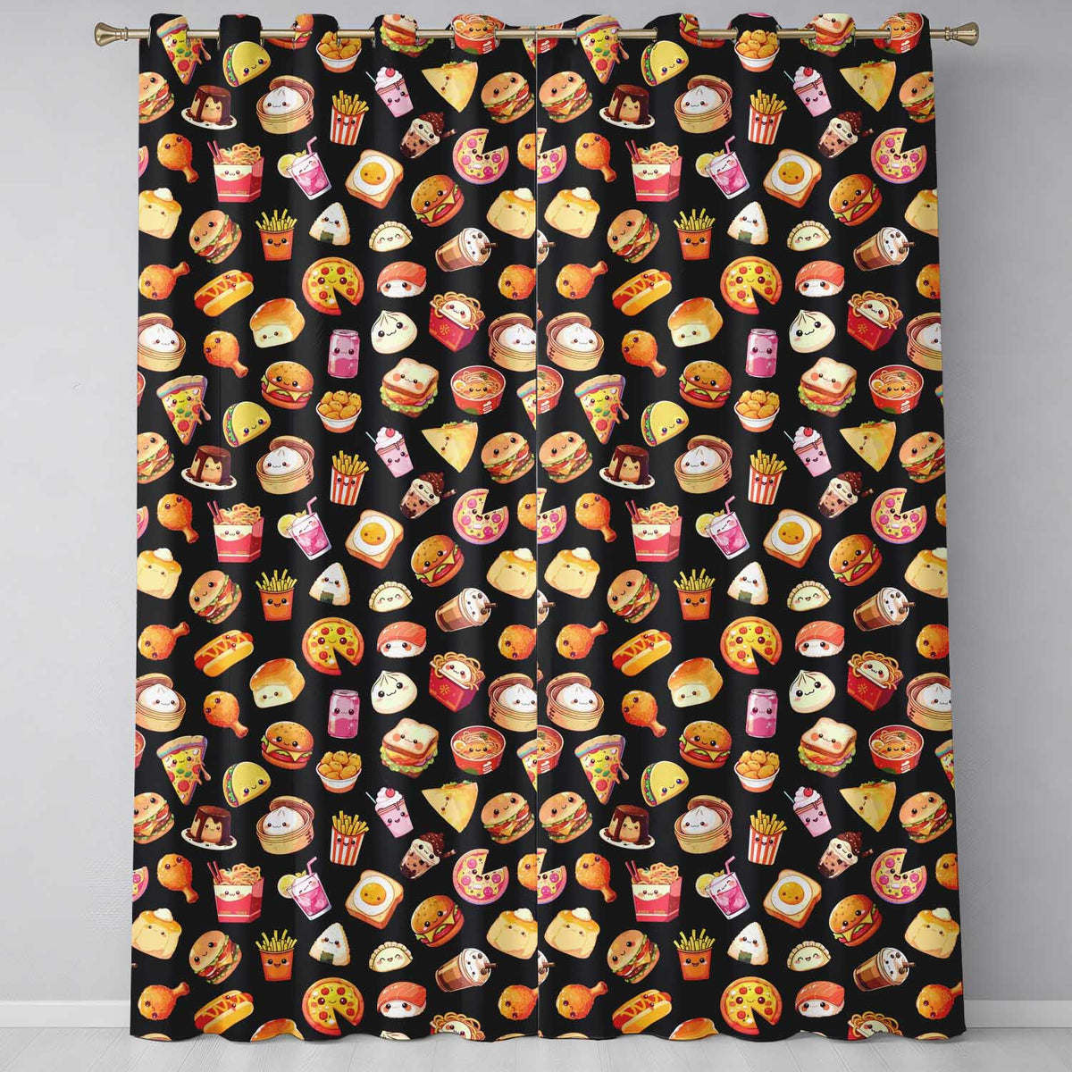 Cute Kawaii Fast Food Sushi Dessert Snacks Seamless Pattern Black Background  Readymade Eyelet Ring Top Thermal 100% Blackout Curtains