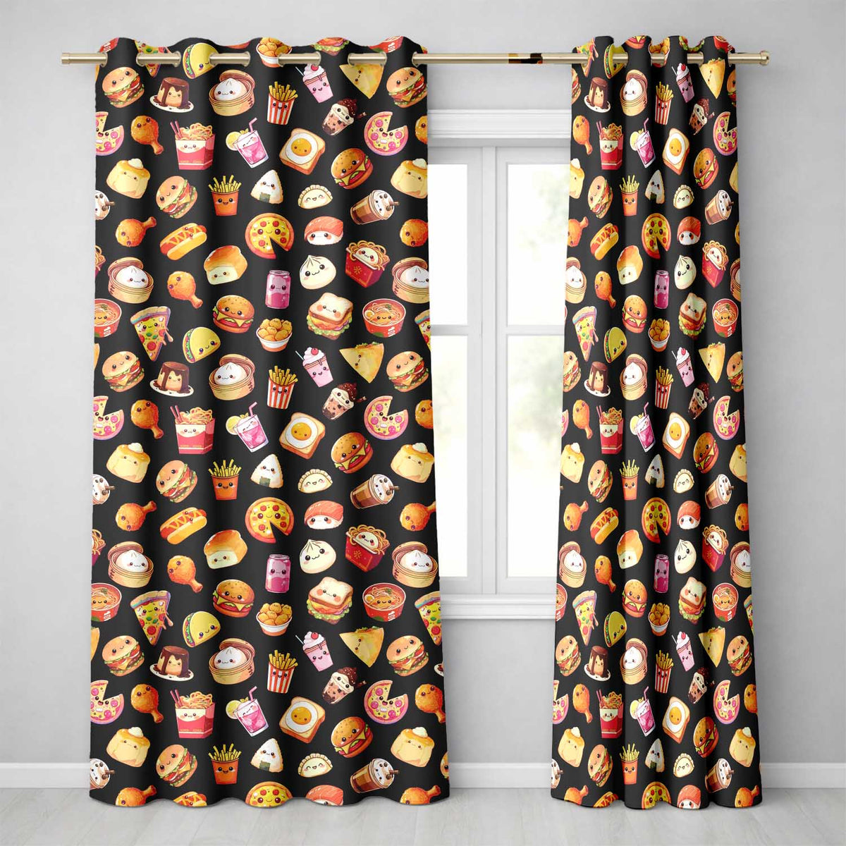 Cute Kawaii Fast Food Sushi Dessert Snacks Seamless Pattern Black Background  Readymade Eyelet Ring Top Thermal 100% Blackout Curtains