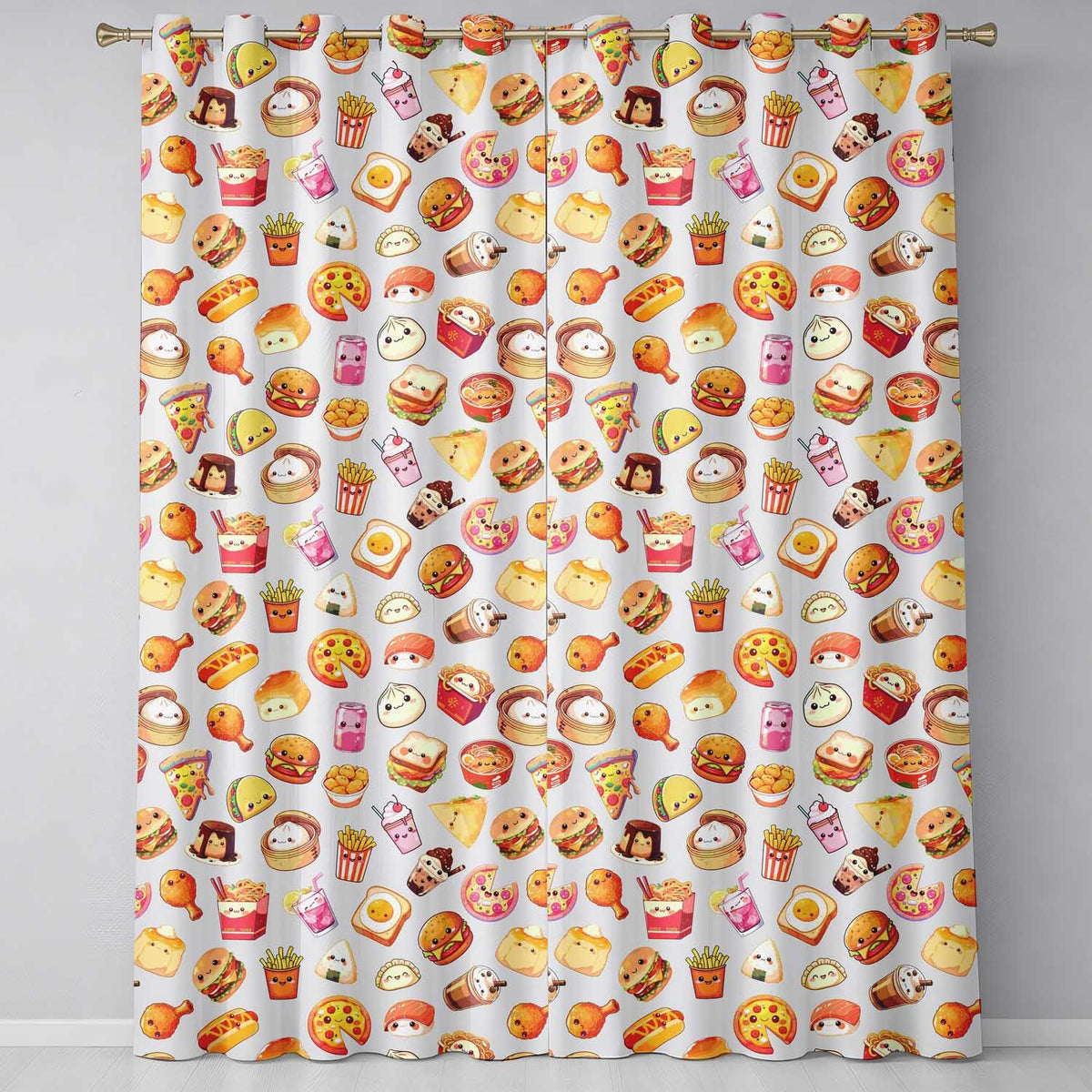 Cute Kawaii Fast Food Sushi Dessert Snacks Seamless Pattern Cream Background  Readymade Eyelet Ring Top Thermal 100% Blackout Curtains