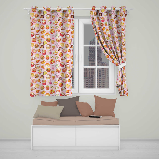Cute Kawaii Fast Food Snacks Gingham Picnic Pink Background Seamless Pattern  Readymade Eyelet Ring Top Thermal 100% Blackout Curtains