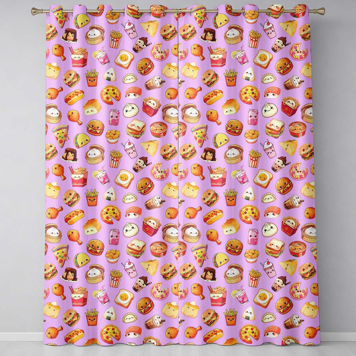 Cute Kawaii Fast Food Snacks Gingham Picnic Purple Background Seamless Pattern  Readymade Eyelet Ring Top Thermal 100% Blackout Curtains