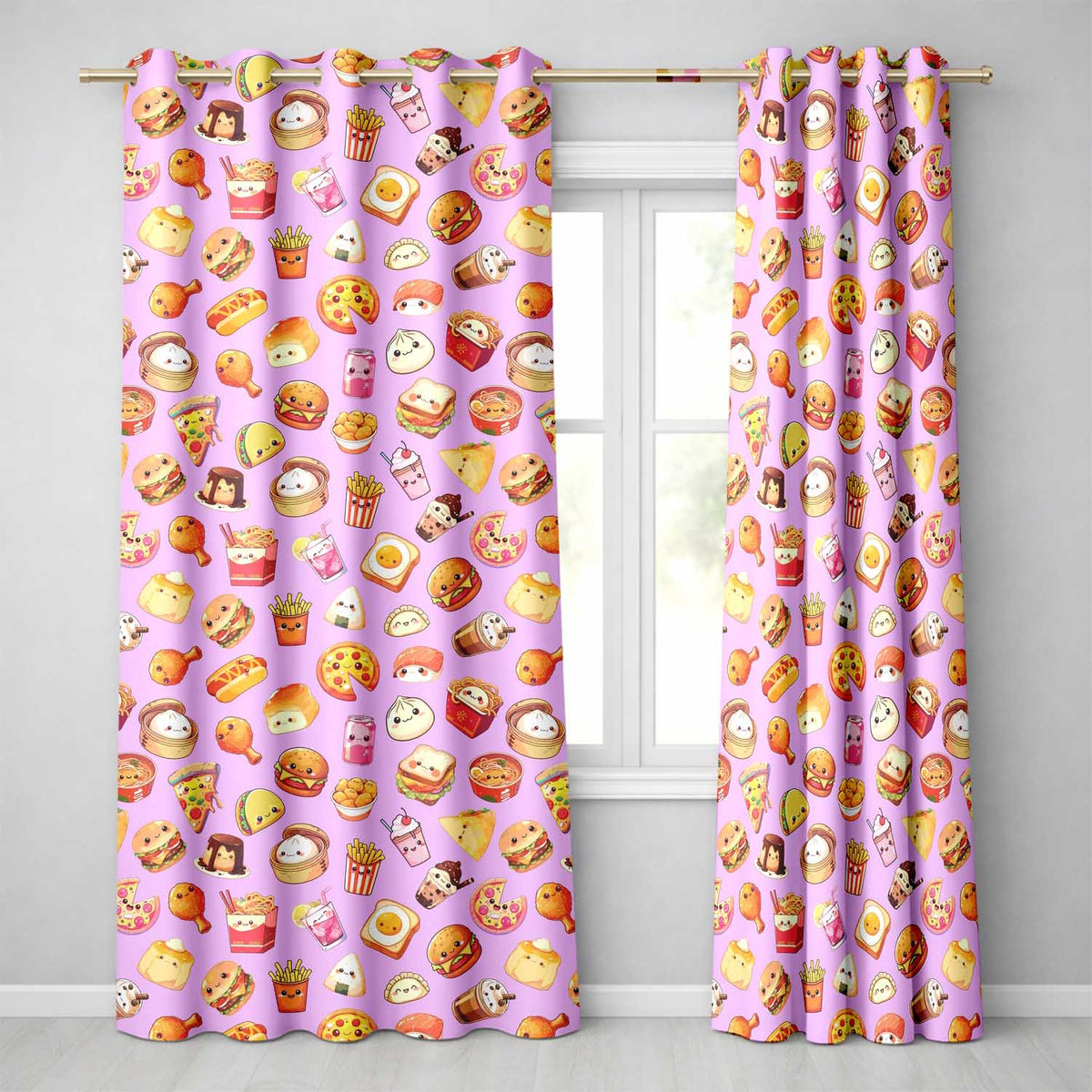 Cute Kawaii Fast Food Snacks Gingham Picnic Purple Background Seamless Pattern  Readymade Eyelet Ring Top Thermal 100% Blackout Curtains