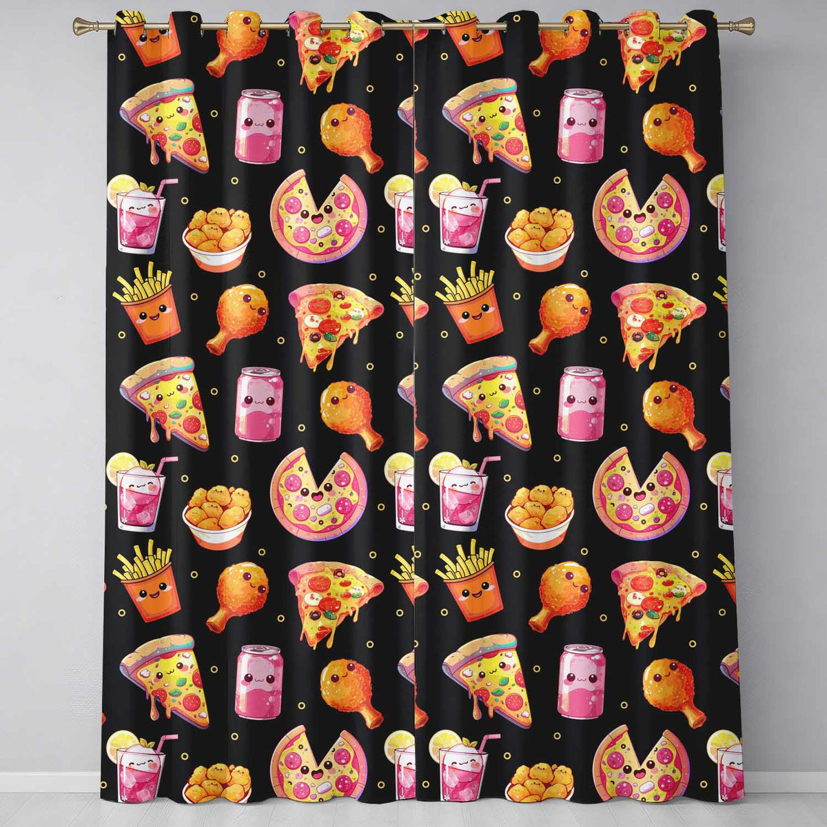 Cute Kawaii French Fries Black Background Seamless Pattern  Readymade Eyelet Ring Top Thermal 100% Blackout Curtains